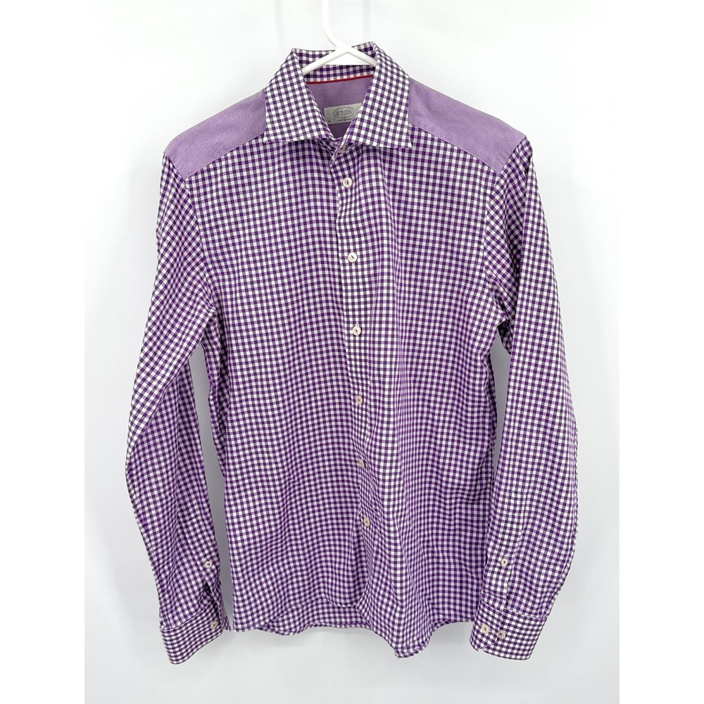 Eton Contemporary Fit Long Sleeve Button Up Shirt Purple Check 38 15‎